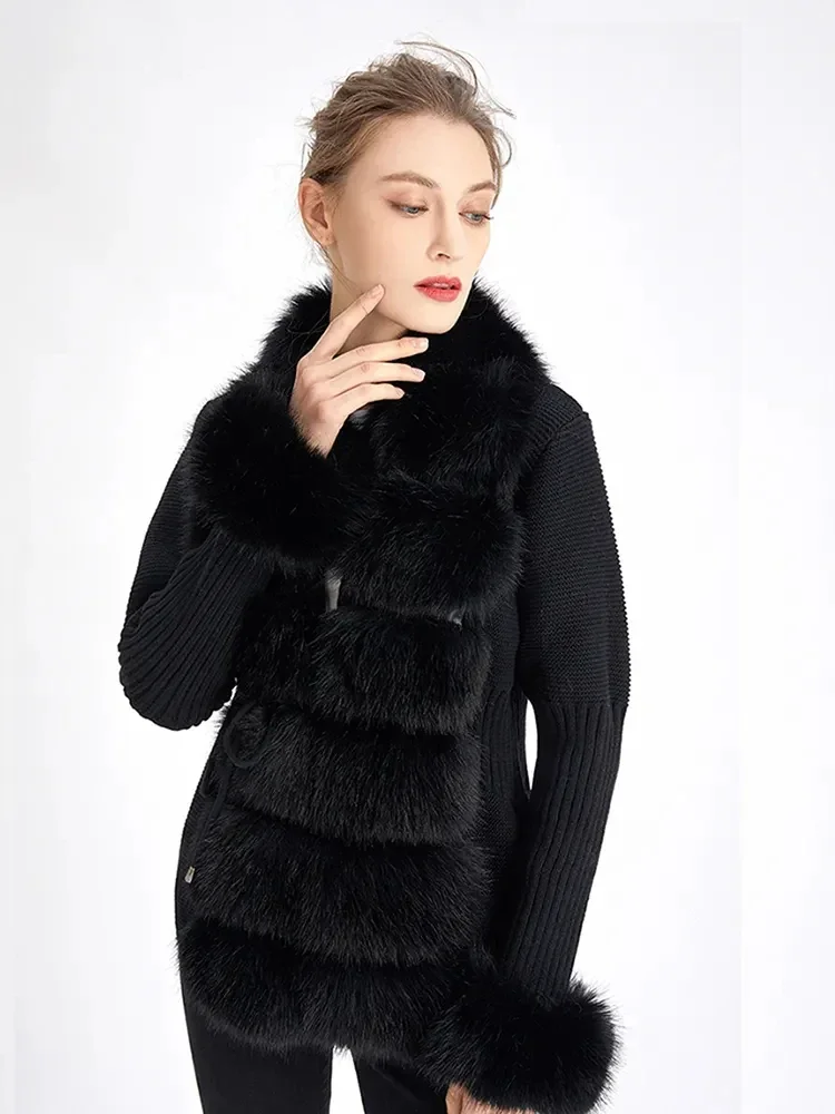 

Fall Winter Women Faux Fur Coat Luxury Knitted Sweater Cardigan with Fur Trim Elegant Detachable Fur Belt Jacket Faux Coats