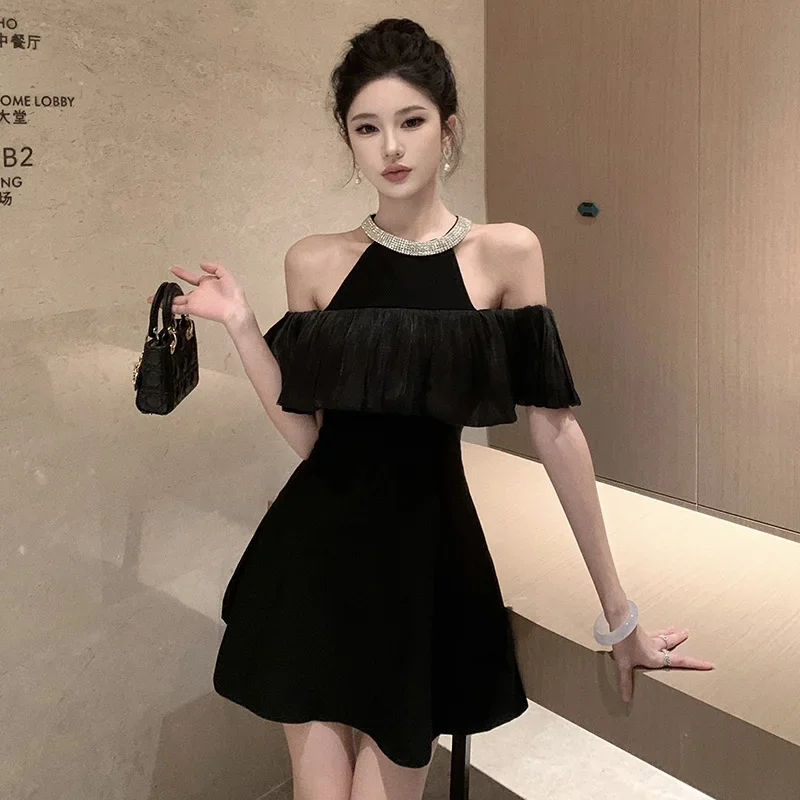 Topenomi Black Diamonds Halter Evening Dresses Women French Elegant Ruffle Waist A-line Short Party Vestidos Sexy Cocktail Gown