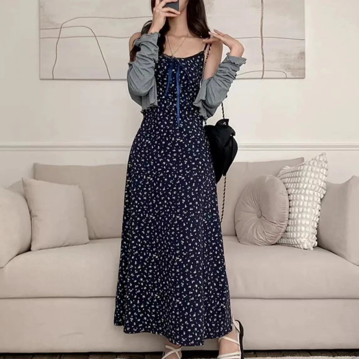 

Korean Sle Floral Print ter Dr ey Color Jaet Two Piece Set Women's Faion Outfit Autumn Collection