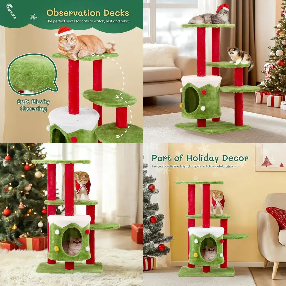 

32 Indoor Cat Tree with Condo, Hammock, and Scratching Post in Green, Red, and White