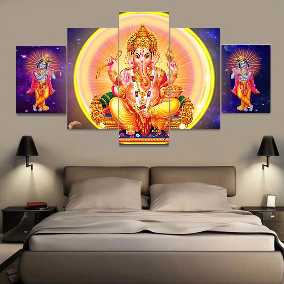 5 Panels Elephant God Vintage Hindu Lord Ganesha Canvas Painting Posters and Prints Wall Art Pictures Home Decor No Frame