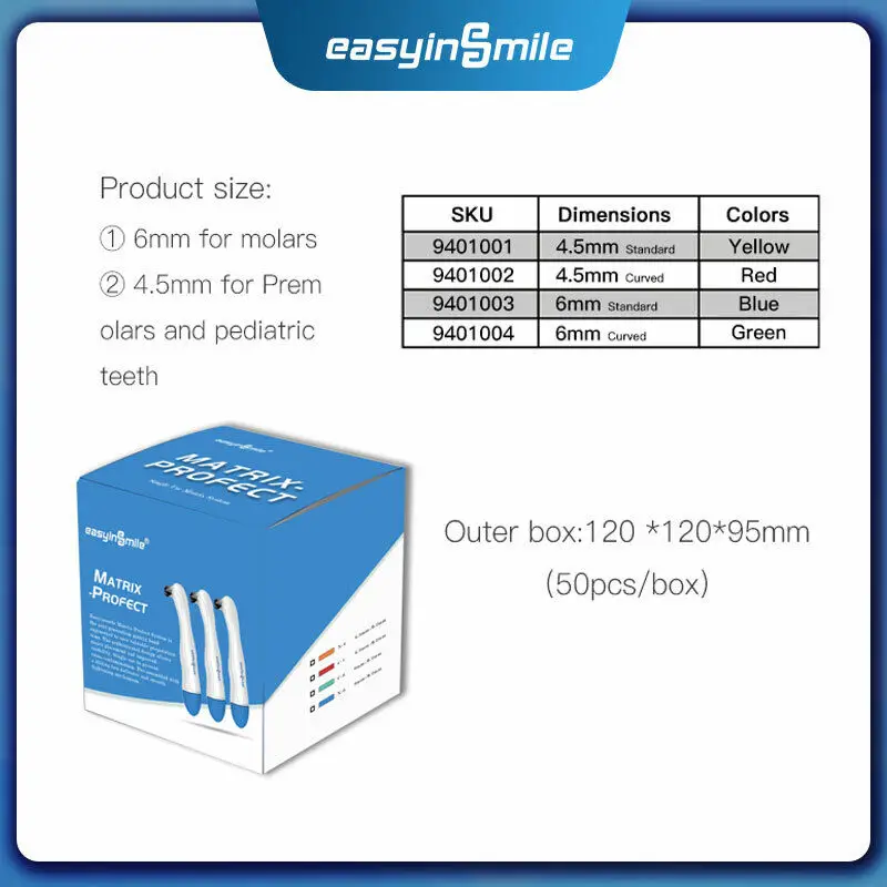 10/50pcs Dental Pro Matrix Band Easyinsmile Matrix Profect Adjustable Ring Matrices Molar Premolar 4.5/6MM Standard and Curved