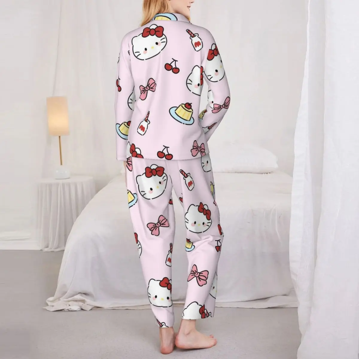 Conjunto de pijamas femininos fofos Hello Kitty conjunto de 2 peças para mulheres terno casual de manga comprida