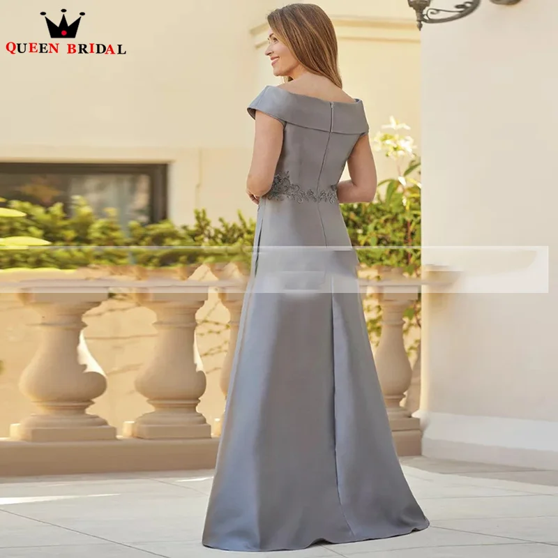 Vintage Gray Satin Mother of the Bride Dresses Applique Off the Shoulder A Line With Pockets vestido mae da noiva Custom DT57