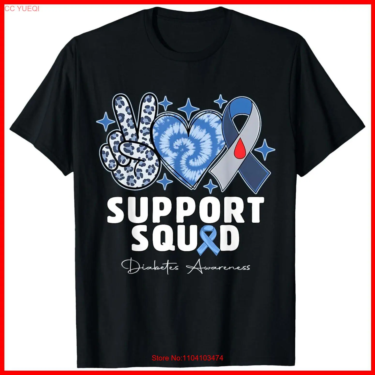 Support Squad Diabetes Awareness T1D Type 1 Black Cotton T-Shirt S-5XL