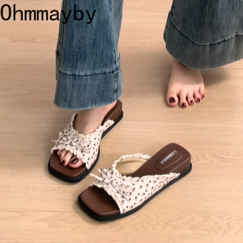 

Summer Butterfly-knot Wedges Heel Women Slippers Fashion Open Toe Thick Bottom Shoes Casual Outdoor Vacation Dress Slides