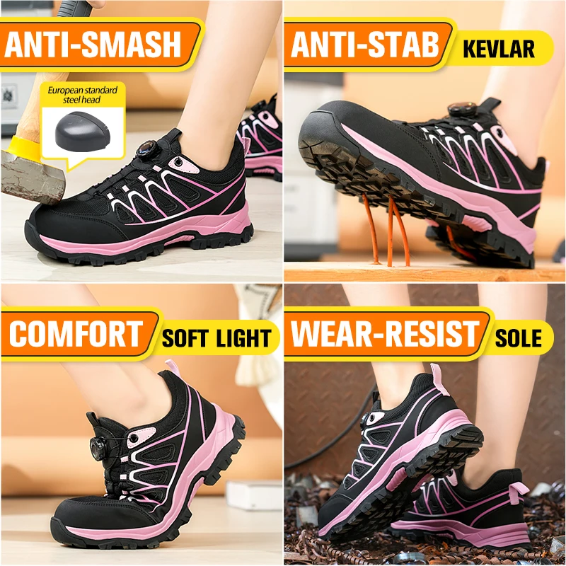 Steel Toe Safety Shoes Women Lightweight Breathable Rotating Button Anti-Puncture Anti-Smash Non Slip Industrial Work Boots