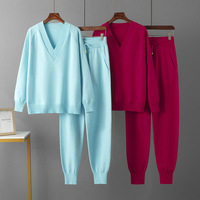 Korean Solid Knitted 2 Piece Sets Women V-neck Knitwears Sweater Pullover Tops Conjuntos Casual High Waist Harem Pants Outfit