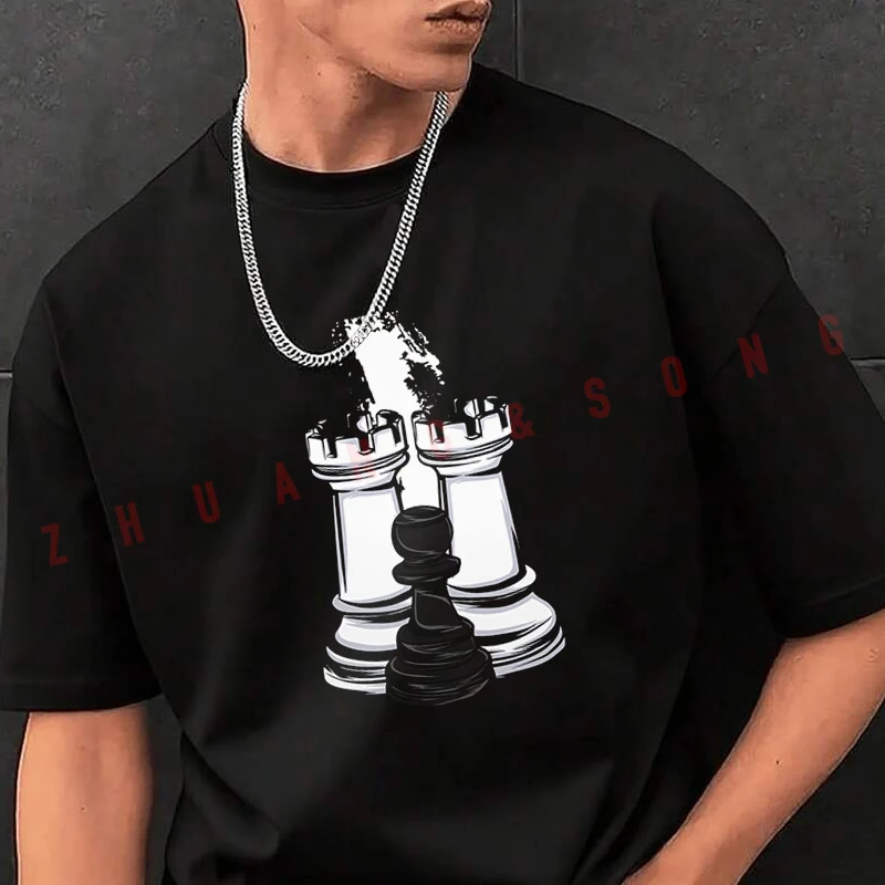 

Футболка с изображением шахматных фигушек (конь и пешка) для мужчин, брендовая, летняя, повседневная, высокого качества, с круглым вырезом