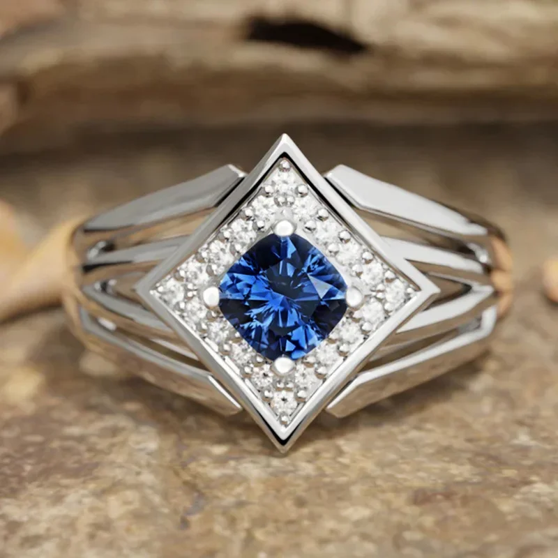 Niche Fashion Temperament, Personalized Elegance, Accessory Design, Geometric Blue Inlaid Zircon, Attending Banquet Ring