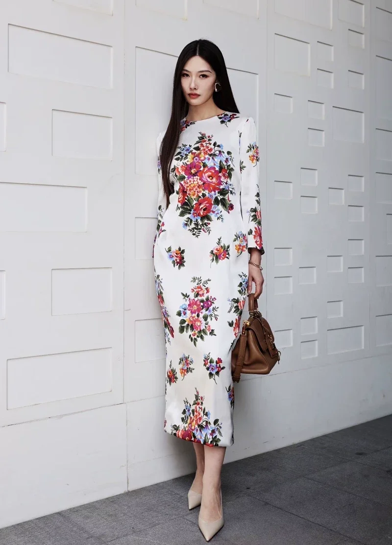 

Elegant Ladies Mulberry Silk Dress Romantic Floral Print White Dress Sexy Bodycon Long Sleeve Vintage Dresses