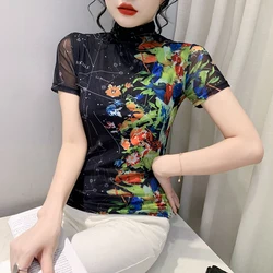 S-3XL Printed Mesh T Shirt Women Short Sleeve Turtleneck TShirts Lady Basic High Stretch Tops Tees