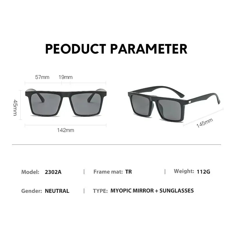 Myopia 2302A Black Polarized Magnet Sunglasses Men Clip On Glasses Square Optic Spectacle 2 In 1 Eyeglass Frames