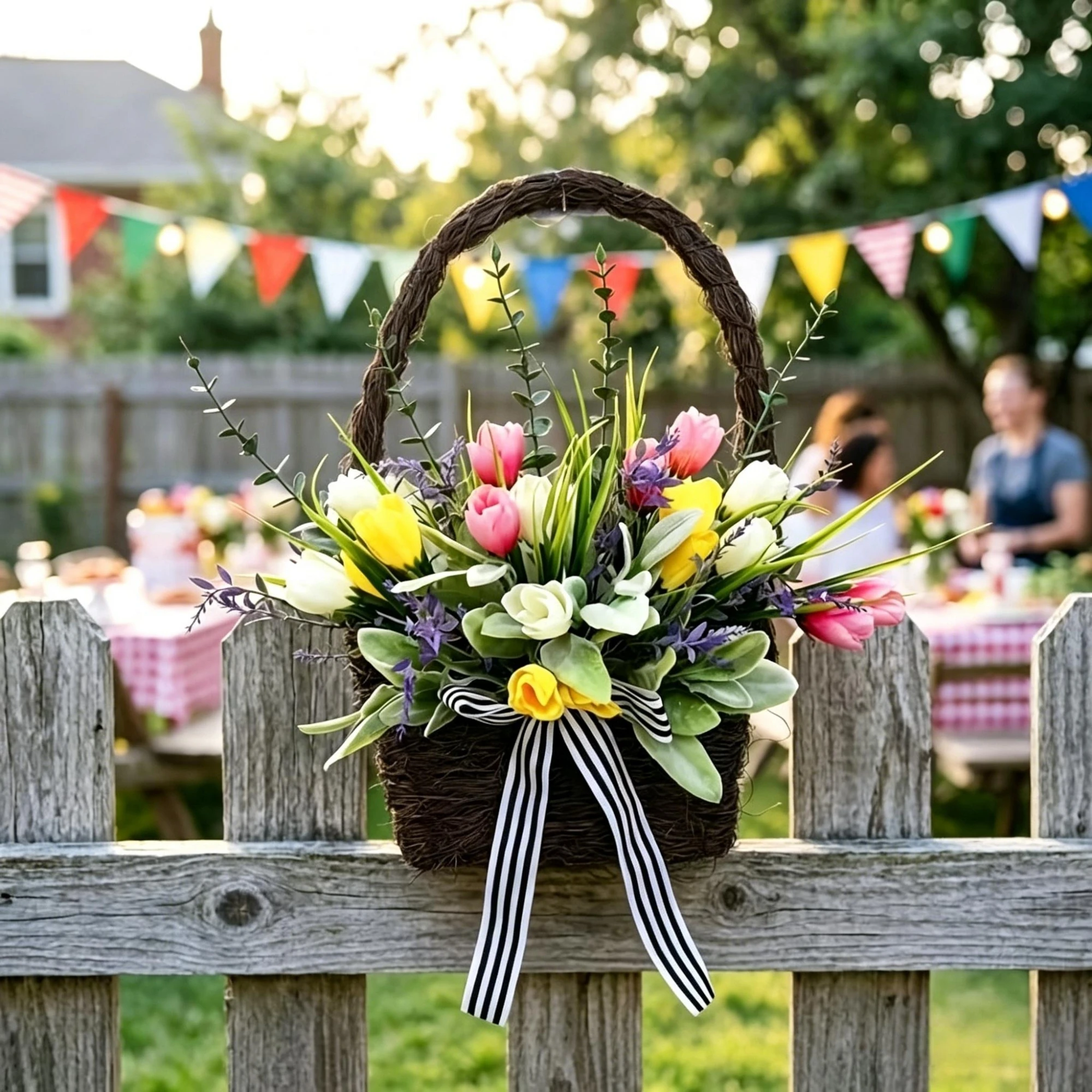 

Artificial Tulip Hanging Basket Wreath for Front Door and Outdoor Decor - Lifelike Spring Floral Arrangement for Patio Garden