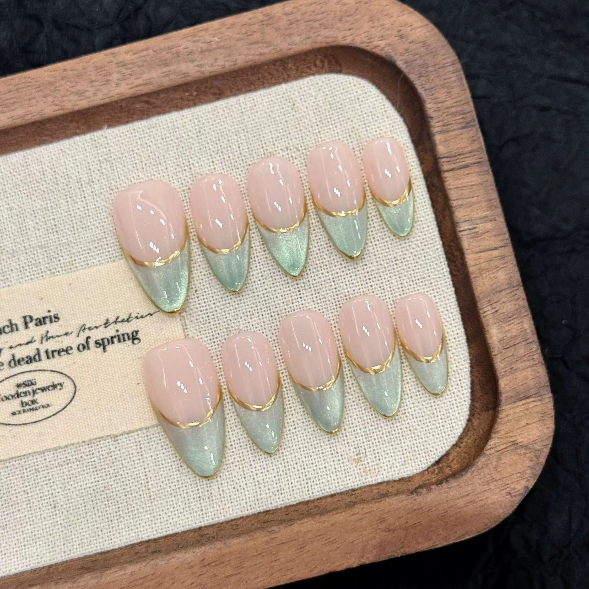 10 Uñas Postizas Hechas a Mano, Diseño Ojo de Gato Francés, Forma Almendrada, Rosa y Verde, Decoración para Uñas, Uñas Postizas de Cobertura Completa
