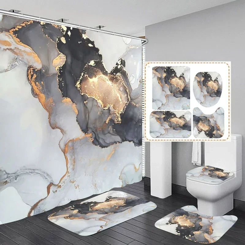 3D Marble Shower Curtain Set Non Slip Bath Rug Waterproof Bathroom  with Hooks Modern Style Toilet Lid Cover Home Decor