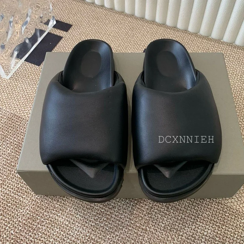 Open Toe Soft Genuine Leather Bread Slippers Unisex Flat Thick Bottom Lazyman Sandals Summer Versatile Outdoor Vacation Shoes