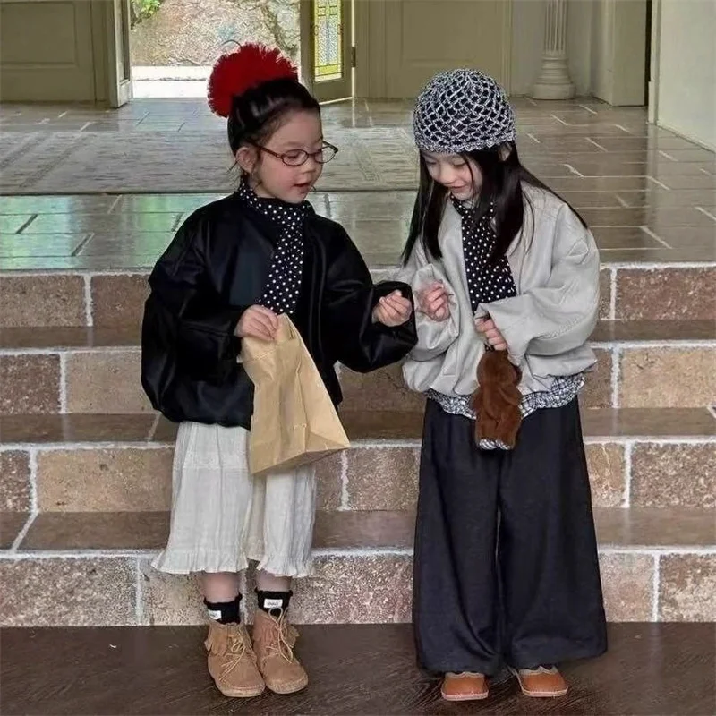 Girls Leather Jacket Children's Fashion Outerwear Spring New Casual Coat Autumn Thin Tops Kids Solid-Colour Long-Sleeved Clothes