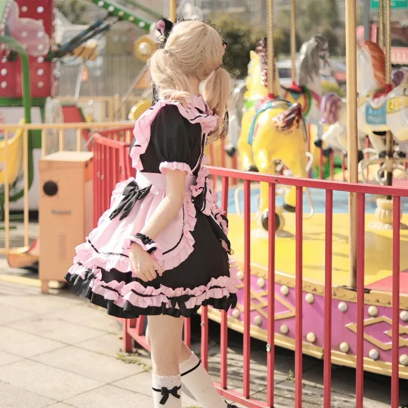 Japanese Lolita Black Pink Maid Cos Sweet Girl Cute Cat Bow Soft Girl Suit Fashion Casual Lolita Dress