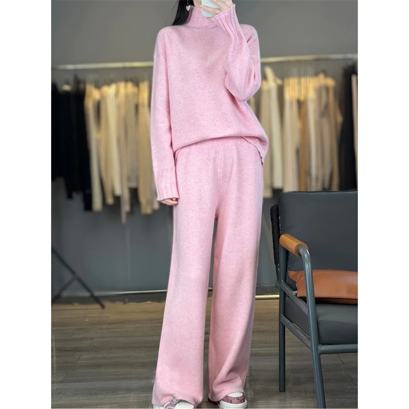 New Fashion Autumn Winter 100% Australian Wool High Neck Knitted Sweater Women High-waisted Wide-leg Pants 2-piece Set