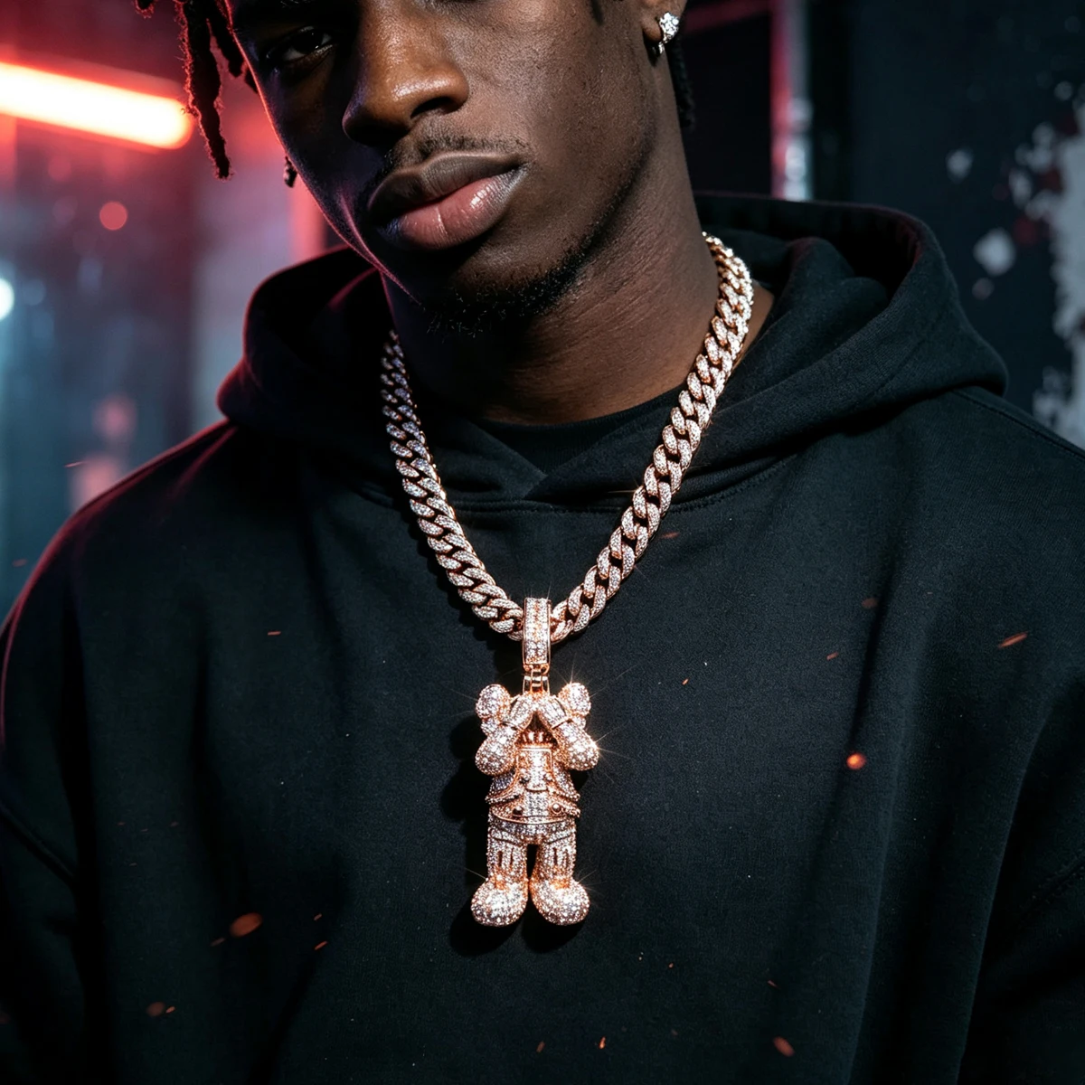Hip Hop Bling Cover Eyes Doll Pendant Streetwear Fine Jewelry Gifts for Men Boy Friends Cuban Chain Necklace Iced Out CZ Charm