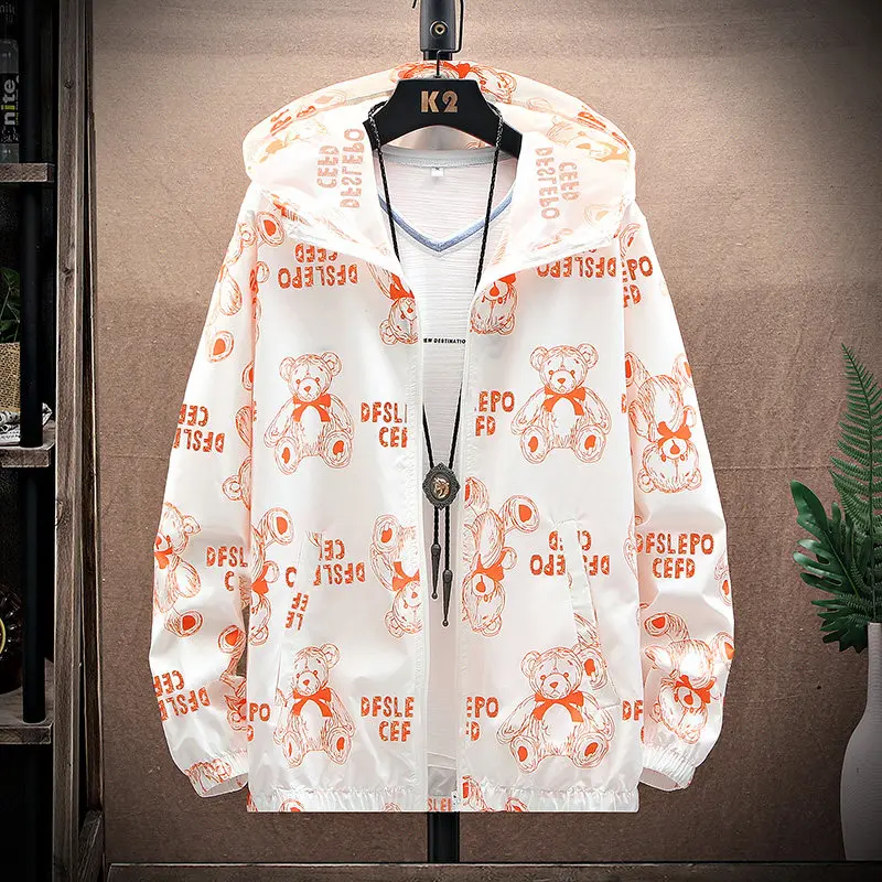 Men's Summer Breathable Bear Print Hooded Sunscreen Stylish Hooded Jacket Casual Coat