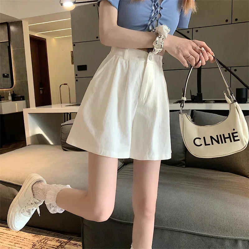 Y2K Women High Waist White Shorts Korean Fashion Pleated Wide Leg Pants Summer Casual All Match Female Preppy Style Pants New