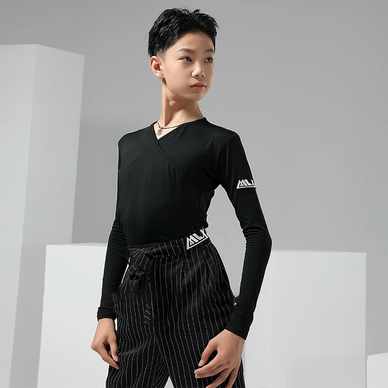 

2025 New Latin Dance Training Costume Boy's Samba Tango Dancing Tops Cha Cha Waltz Dancer Black Long Sleeves Bodysuit VBH1689