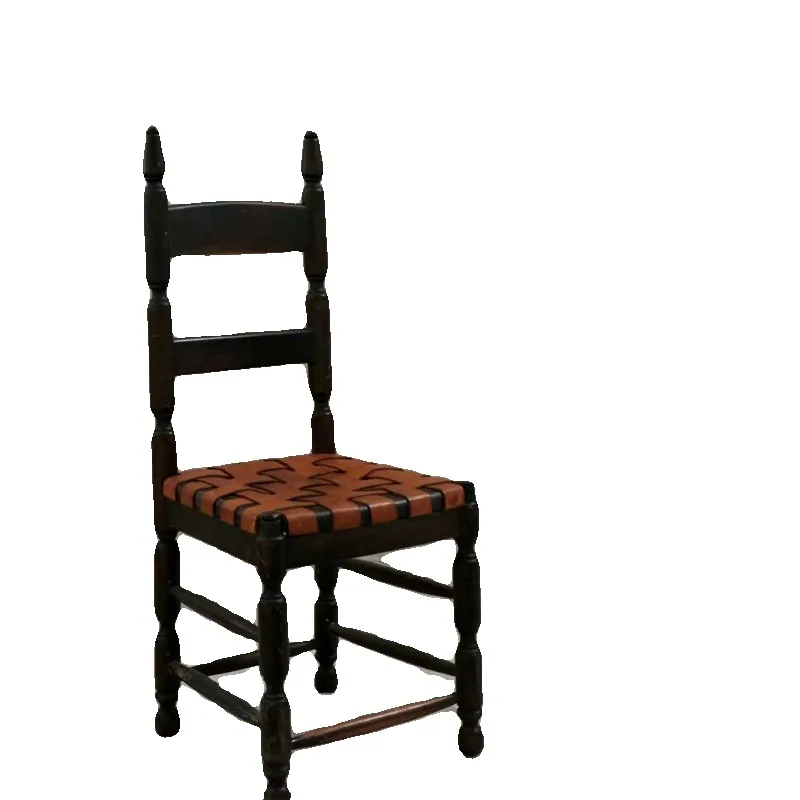 

Solid wood high-back dining chair Saddle leather woven back chair Household book chair Vintage furniture