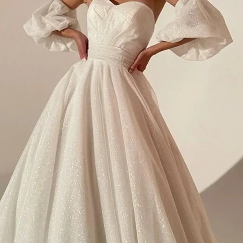 Robe de mariée scintillante, sans bretelles, en forme de cœur, en Tulle scintillant, ligne a, manches bouffantes détachables