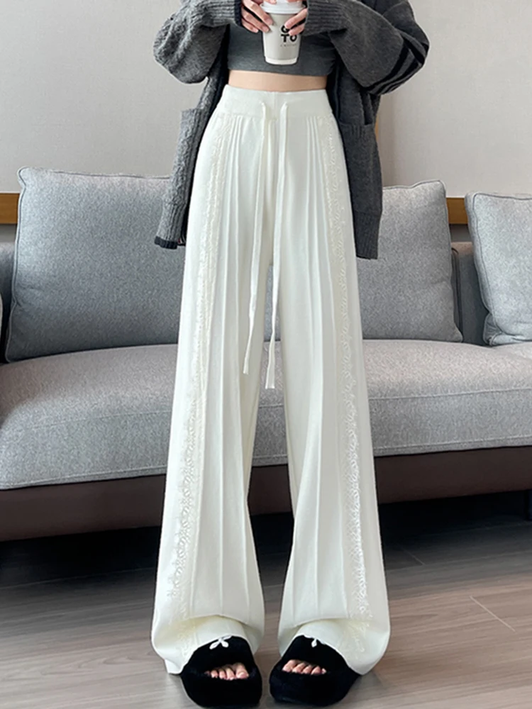 Spodnie damskie z wysokim stanem, koronkowe, dzianinowe, z szerokimi nogawkami, codzienne, proste, jesienno-zimowe, nowe, uniwersalne, wygodne.