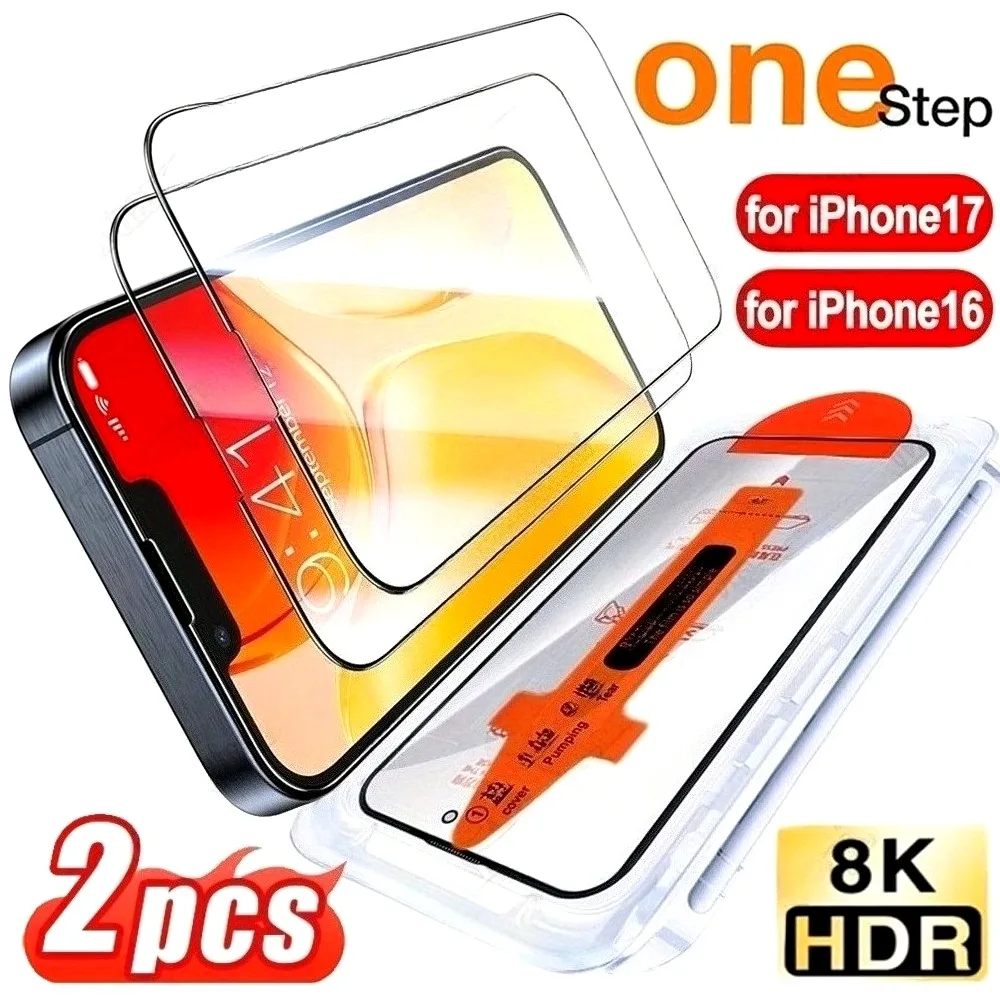 

2Pcs Ultra HD Tempered Glass for iPhone 17 15 16 Pro Max 14 13 12 Pro 17Air 16e 14 15 Plus One Click Instatll Screen Protector