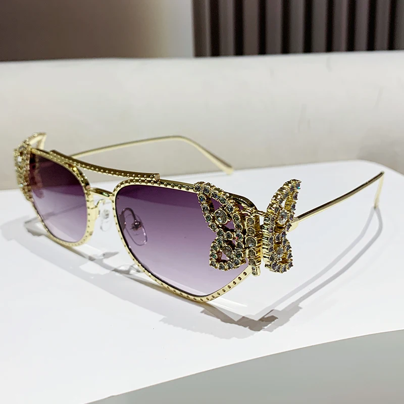 New fashion butterfly decorated women's glasses diamond-encrusted metal sunglasses for parties and festivals