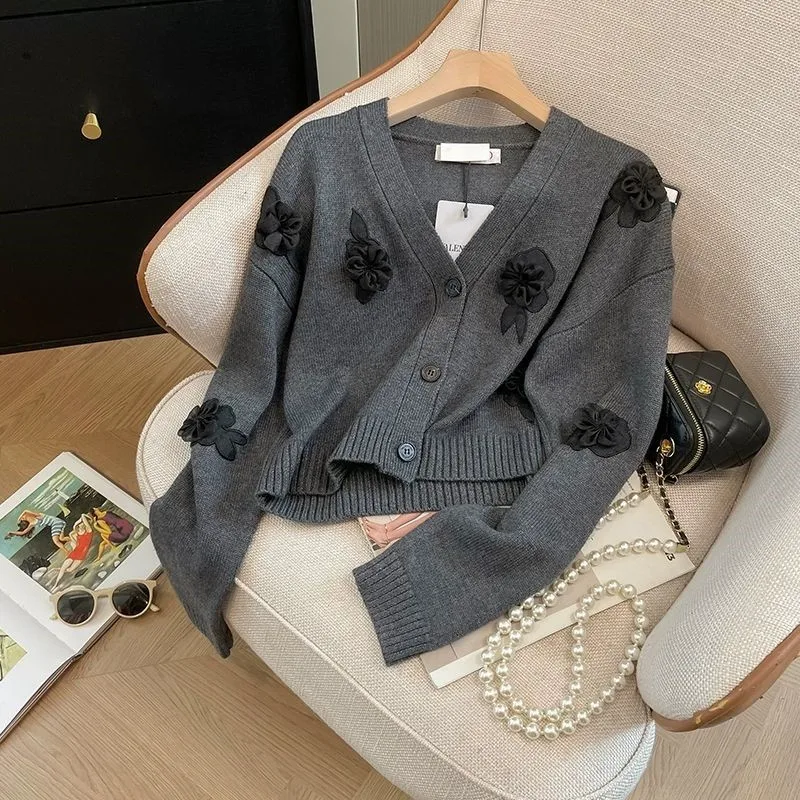 Limiguyue Three-dimensional Floral Wool Sweater Women French Grey Knit Cardigan Autumn Winter V-neck Cashmere Coat High End 380P