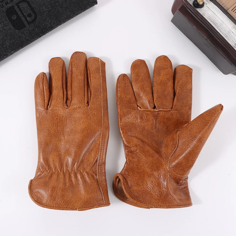 1 pair Premium Cowhide Motorcycle Gloves Vintage Tie-Dye Heavy-Duty Leather Gloves Brown Color Safety Gloves Outdoor Biker