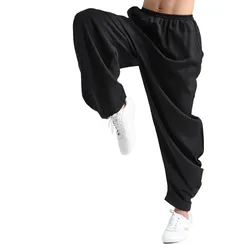 Tai Chi Pants Kung Fu Martial Art Pants Mens Drawstring Hippie Pants Elastic Waist Novelty Pant women Trousers Lounge Pant BLACK