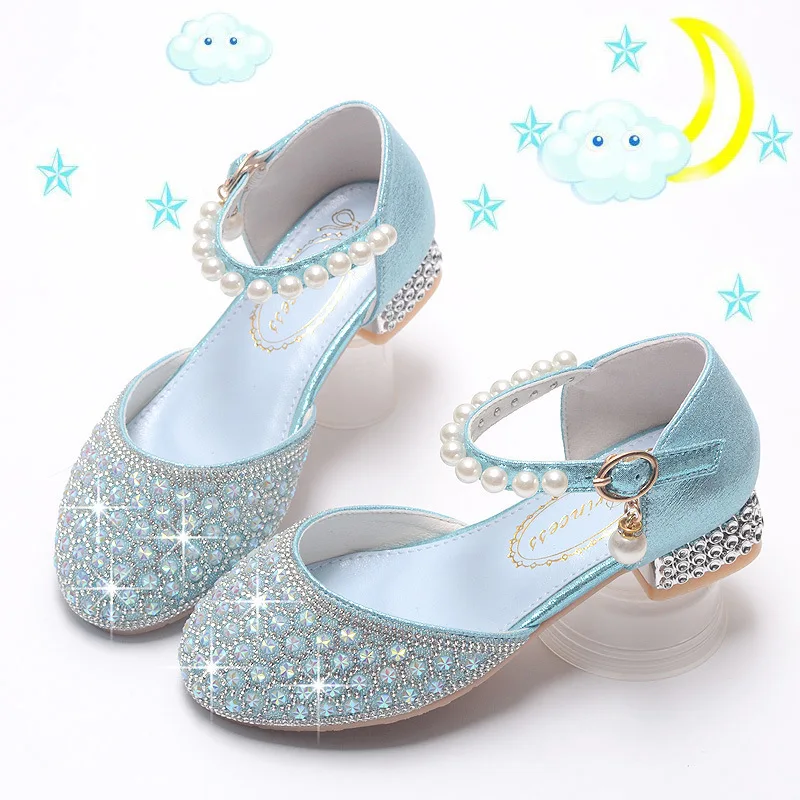 Girls Dress Shoes Children Crystal Pearl High Heels Mary Janes Wedding Party Glitter Princess Dress Shoes Fashion Kids Sandals