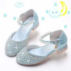 Zapatos de vestir para niña, Sandalias de tacón alto con perlas de cristal para fiesta de boda, princesa con purpurina, a la moda