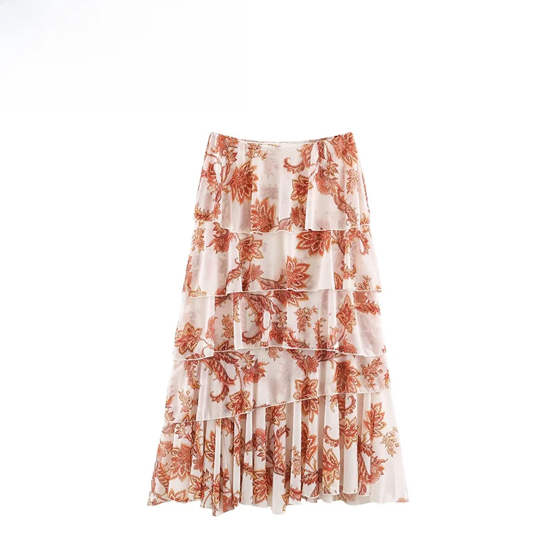 Fashionable Printed Layered Decorative Skirt ZR Autumn New Arrival Women's French Style Polyester Fiber Casual A-Line Skirt