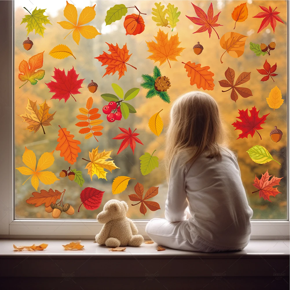 Autumn Window Stickers Leaves Stickers Window Door Decoration Maple Leaf Thanksgiving Stickers