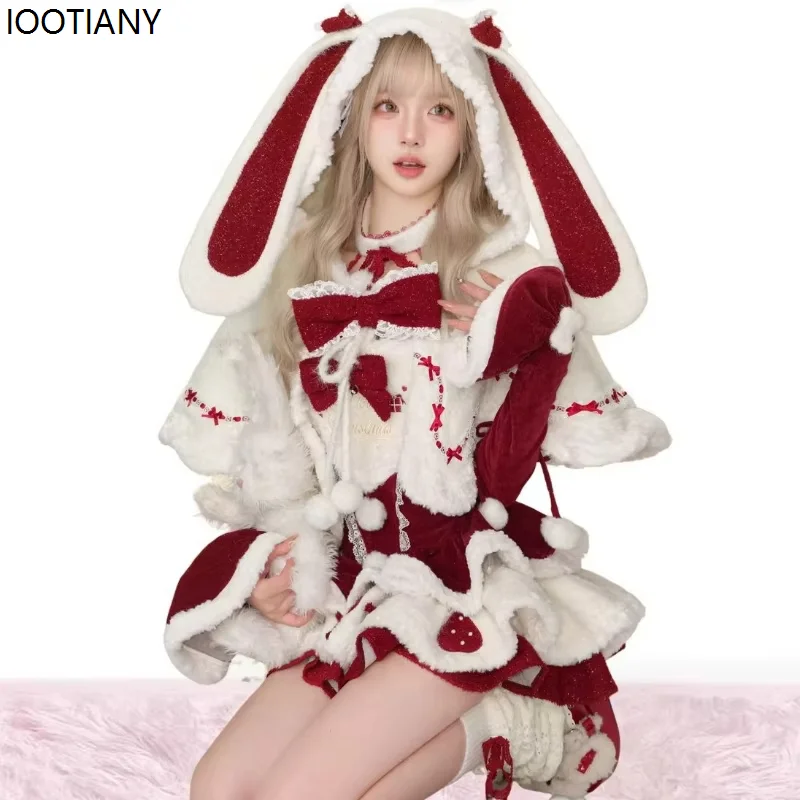 Winter Christmas Lolita 3 Piece Sets Women Kawaii Plush Bunny Ear Hooded Cloak Coat Bow Mini Dresses Korean Style Sweet Suit