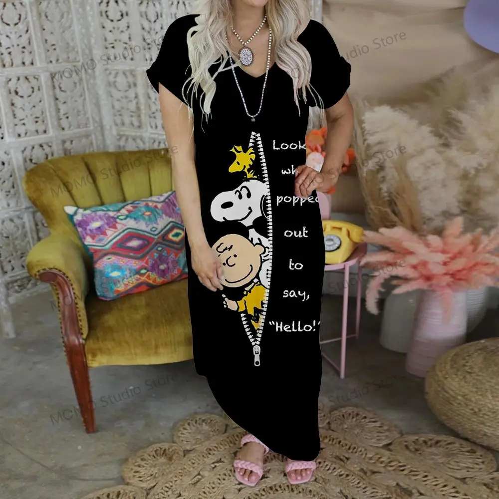 

V-neck Robe Snoopy Long Dresses Cheap Clothes Elegant Gowns Kawaii S-2XL Streetwear 2024 Fashion Lovely Summer Woman Dress Party