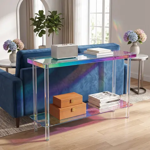 Iridescent Acrylic Console Table, 47.2 Inch Modern Rainbow Entryway Table with 2-Tier Open Shelves and Clear Column Legs for Apartment Hallways and Living Rooms