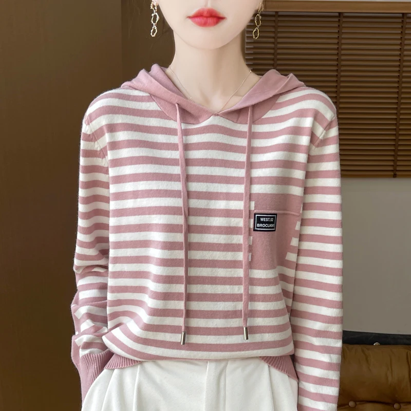 New Fashion Autumn/Winter Soft Wool Knit Hooded Top For Women Pullover Two-Color Striped Long-Sleeved Hooded Sweater DMR500 6