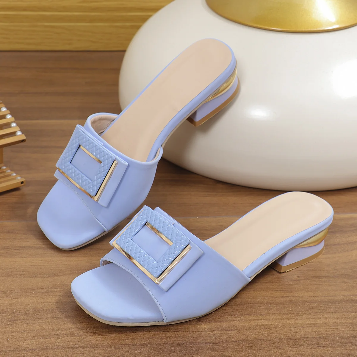 

Fashion Women High Heel Slippers Summer Slip on Elegant Low Heel Shoes for Wedding Party Comfortable Non-slip Women's Slippers