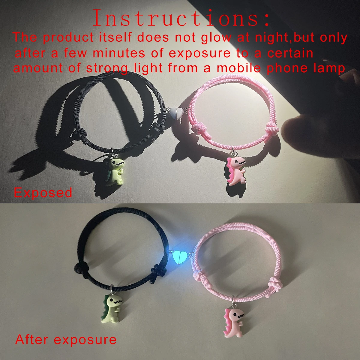 2-teiliges Set Leuchtendes Pfirsichherz Niedlicher Grüner Rosa Dinosaurier Anhänger Paar-Armband Modisches Handgewebtes Armband – Detail 9