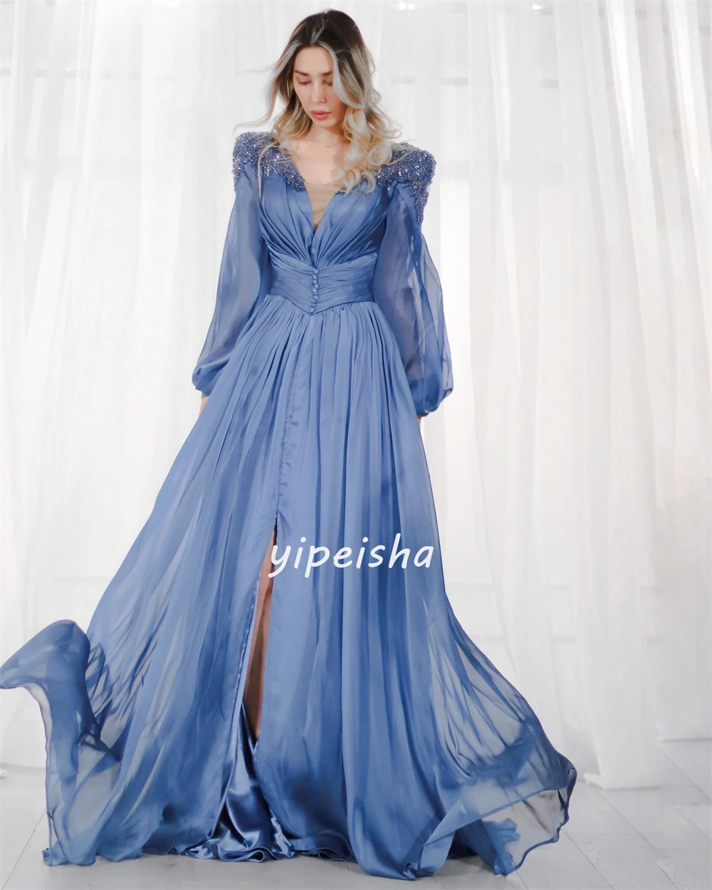 Chiffon Sequined Beading Ruched Beach A-line V-neck Bespoke Occasion Gown Long Dresses