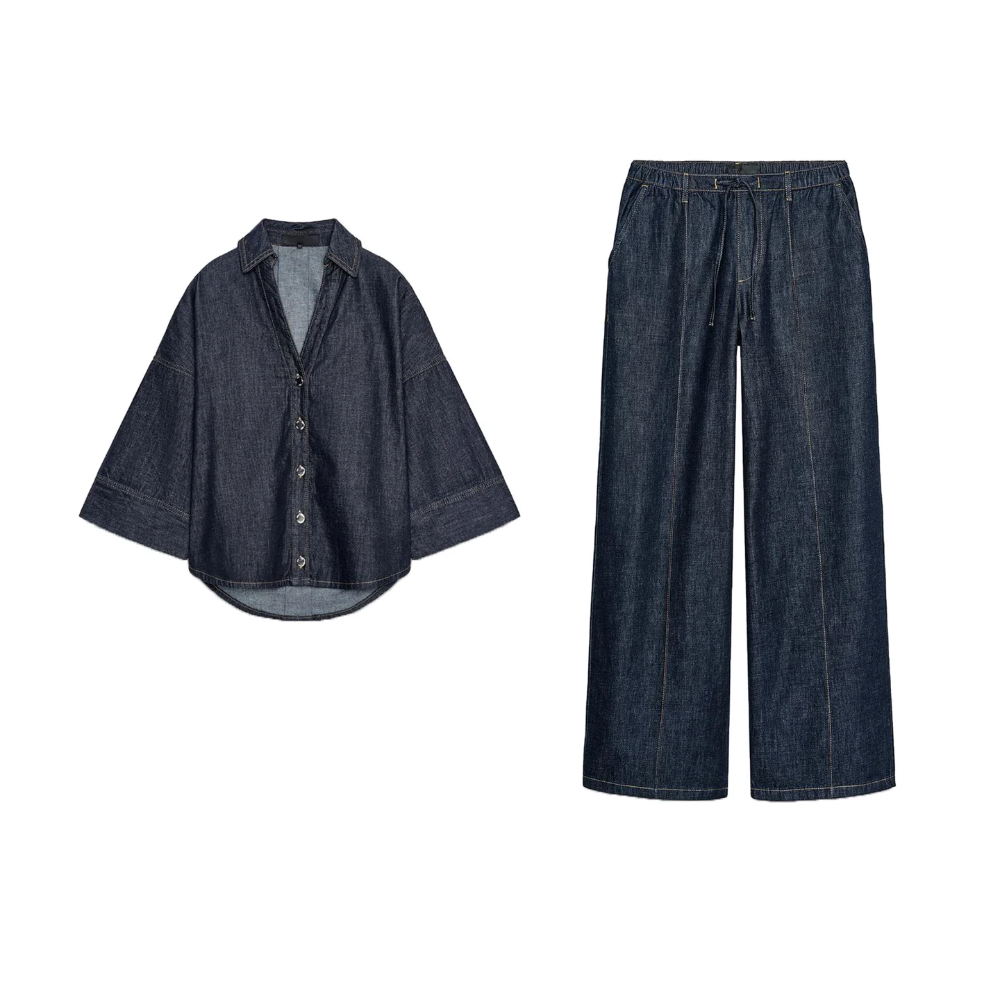 

High Waist Wide Leg Casual Denim irt And Pants Set with Cuffs Faionable Turn-down Collar Women's Clothing Ensemble