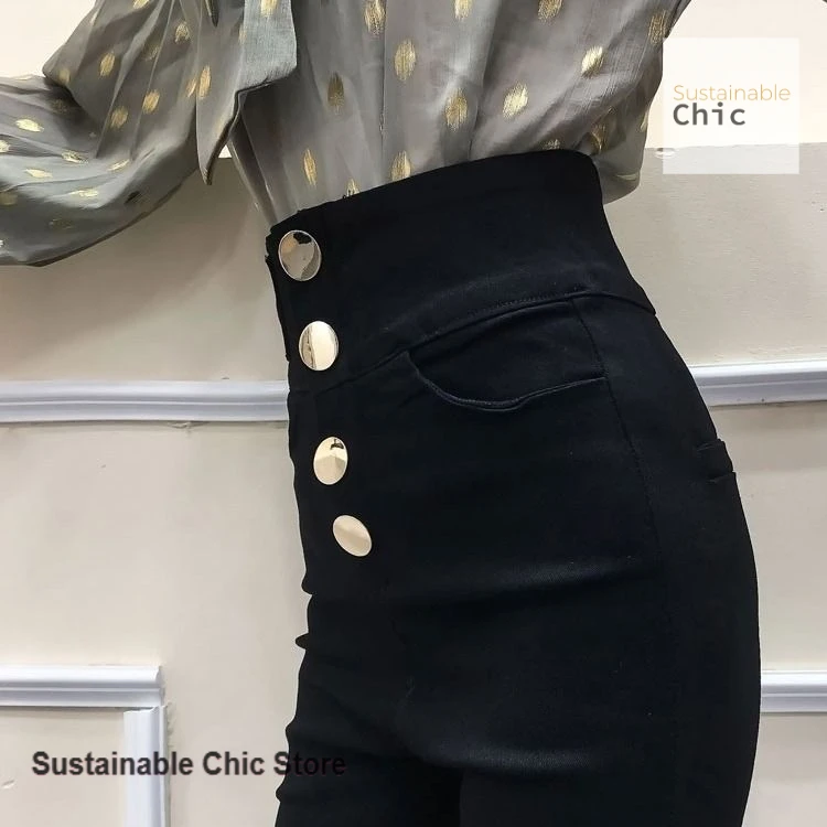 Korean new high-waist, breasted leggings women's spring and autumn new fashion wear slim black pencil pants and cashmere pants.