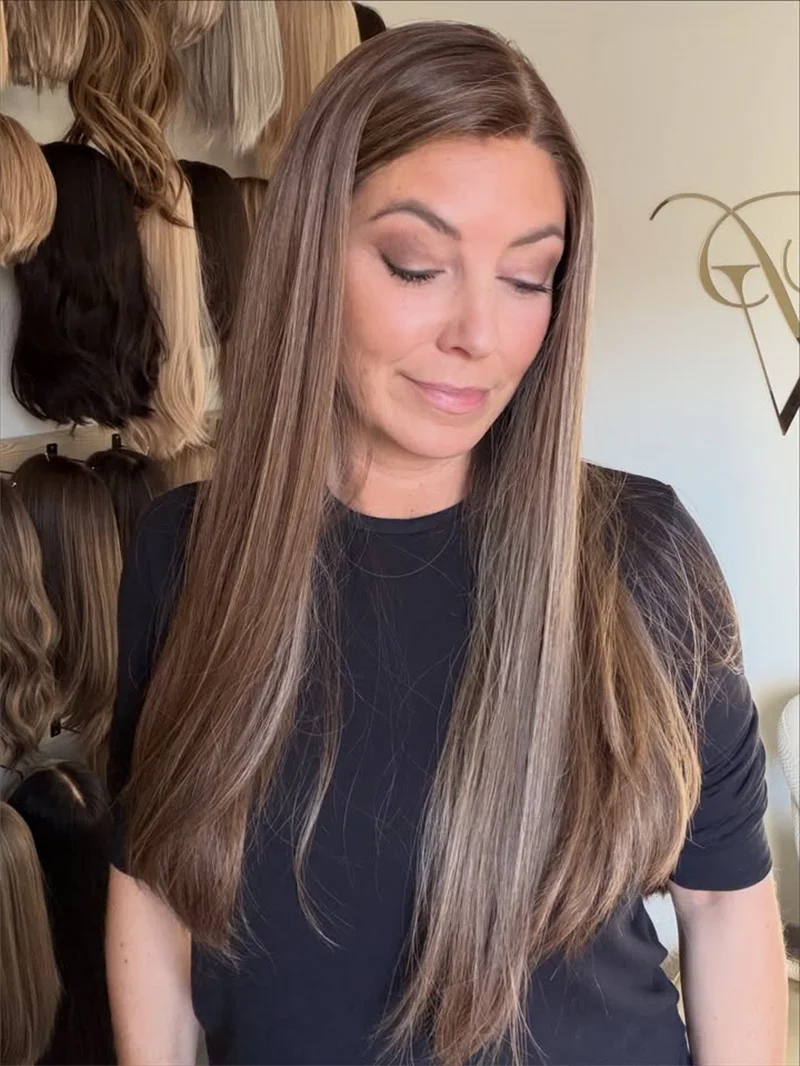 28Inch Long Straight Synthetic Wig Middle Part Caramel Brown Highlights 13x4 Lace Front Wig Glueless Daily Use for White Women